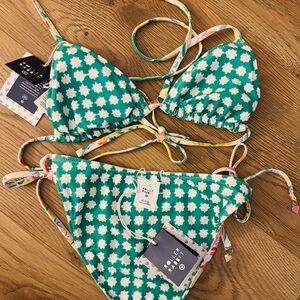 Roller Rabbit Teal and White Floral-Print Triangle Bikini